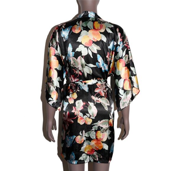 Black Floral Satin‎ Robe Womens Loungewear Sleepwear Size Medium - Picture 2 of 2
